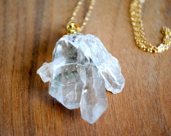 Crystal Quartz Necklace. Gold Dipped. Raw Crystal Quartz. Quartz Cluster Necklace. 30" 14k Delicate Gold Filled Chain