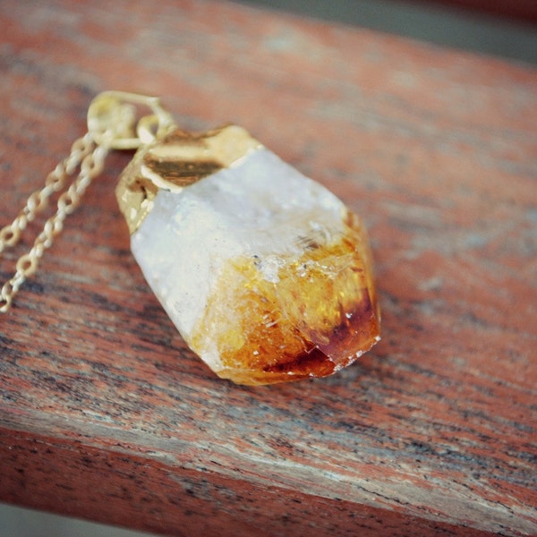 Raw Citrine Gemstone Point Pendant - Gold Plated on 18" 14K Gold Filled Chain, Orange Stone Necklace