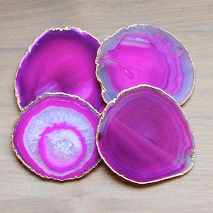 Ensemble de 4 sous-verres en agate bordée d'or sous-verres en agate plaqué or, sous-verres en agate rose image 1