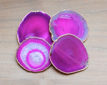 Set of 4 Gold Rimmed Agate Coasters - Gold Plated Agate Coasters, Pink Agate Coasters