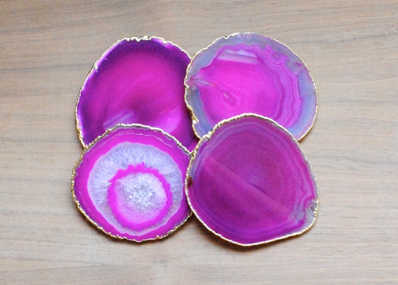 Ensemble de 4 sous-verres en agate bordée d'or sous-verres en agate plaqué or, sous-verres en agate rose image 1