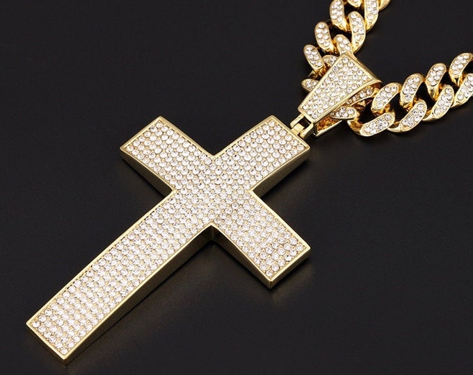 Large Bling Crucifix Cross and Swag Bling Chain Necklace for Men Silver Gold Iced Out Rapper CZ Heavy Thick Curb Chain Jewelry Jewellery