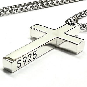 Solid Sterling Silver Cross S925 Stamp Accent Stainless Steel Necklace for Men Old World Silver Necklace Cross Super Box Chain Jesus