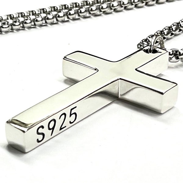 Solid sterling silver cross S925 stamp accent stainless steel necklace for men old world silver necklace cross super box chain for man jesus