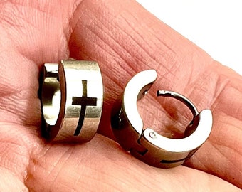 Hoop Huggie cross earrings with clam closure Silver and Black Hinge Jewelry for Men Stainless steel