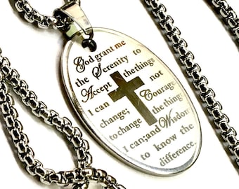 Serenity Prayer Necklace Etched Oval Silver Cross Necklace for Men Woman Stainless Steel Chain Cross of Christ Christian Jewelry