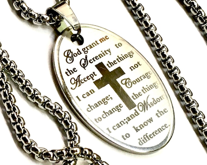 Serenity Prayer Necklace Etched Oval Silver Cross Necklace for Men Woman Stainless Steel Chain Cross of Christ Christian Jewelry