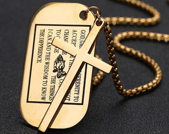 Black Gold Serenity Prayer Necklace Dog Tag with Box Chain Crazy Design Pendant for Mens Boys Christian Jewelry