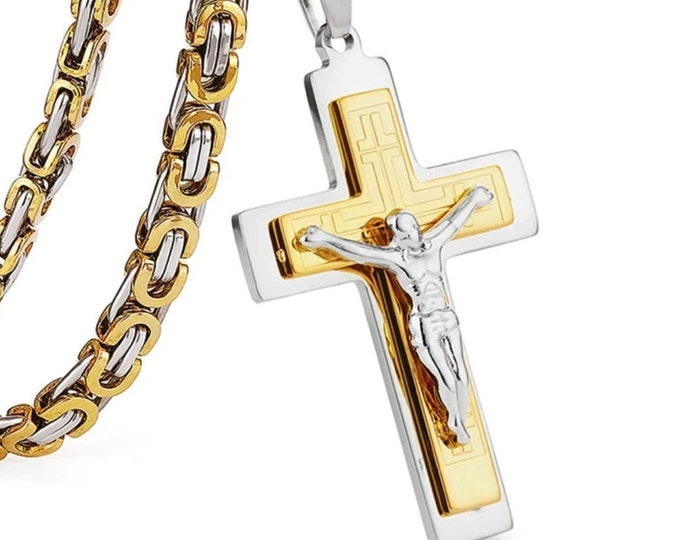 Large Crucifix Cross Orthodox Men Byzantine Necklace Waterproof Jewelry Silver Gold Black Heavy Stainless Steel Curb Chain hip hop Jesus