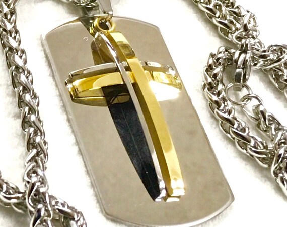 Cross Necklace for Men Silver Gold Curved 2 Bars in 2 Colors Super Heavy Chain Stainless Steel Cross of Jesus Jewelry Jewellery