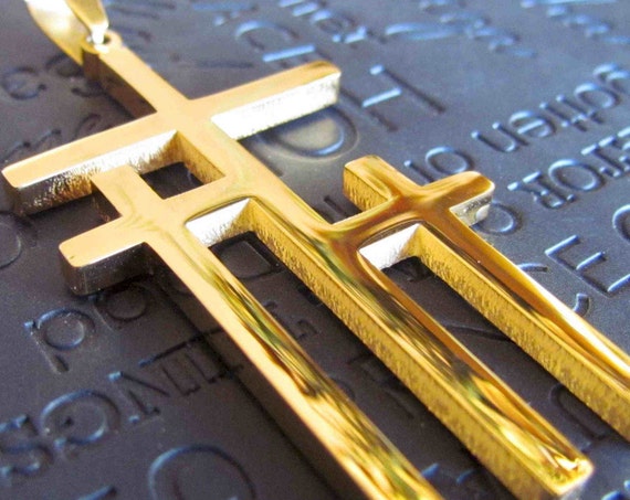 Large Gold Calvary 3 Three Triple Cross Necklace Pendant Stainless Steel Chain Mens Boys Christian Jewelry Three Crosses on Calvary