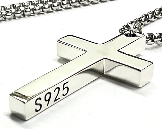 Solid sterling silver cross S925 stamp accent stainless steel necklace for men old world silver necklace cross super box chain for man jesus