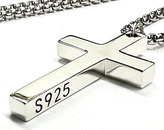 Solid Sterling Silver Cross S925 Stamp Accent Stainless Steel Necklace for Men Old World Silver Necklace Cross Super Box Chain Jesus