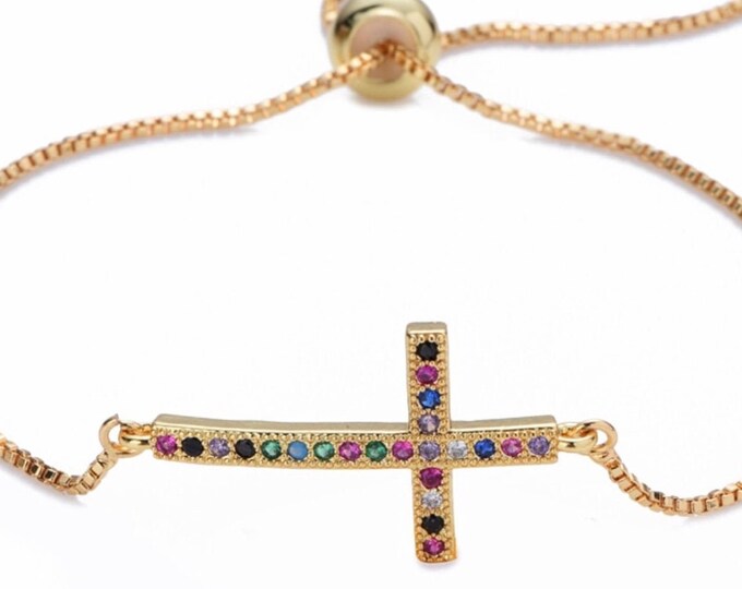 Gold Sideways Cross Bracelet Colorful cz zircon adjustable snake chain Horizontal Cross of Jesus bangles jewelry for women