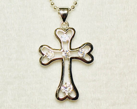 Silver 5 Stone Cross Necklace Crystal Inset Rhinestone with CZ Look Pendant for Woman Girls Chain Wedding Christian jewellery Jewelry
