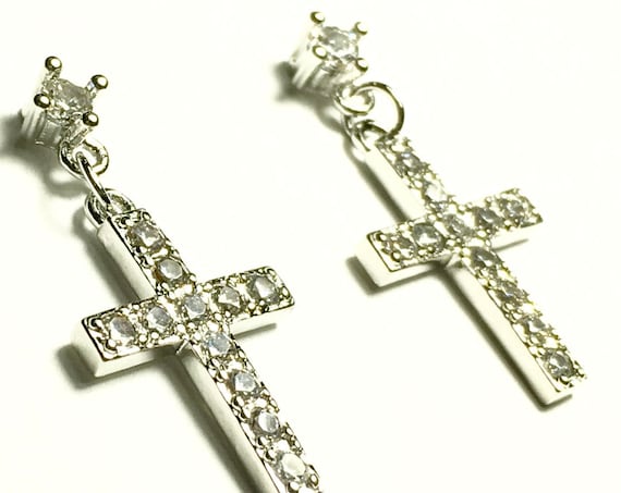 Silver Cross Earrings Dainty Drop Dangle Cross Studs Rhinestone Cast CZ Look Post Design Elegant Womens jewellery Girls jewelry jesus