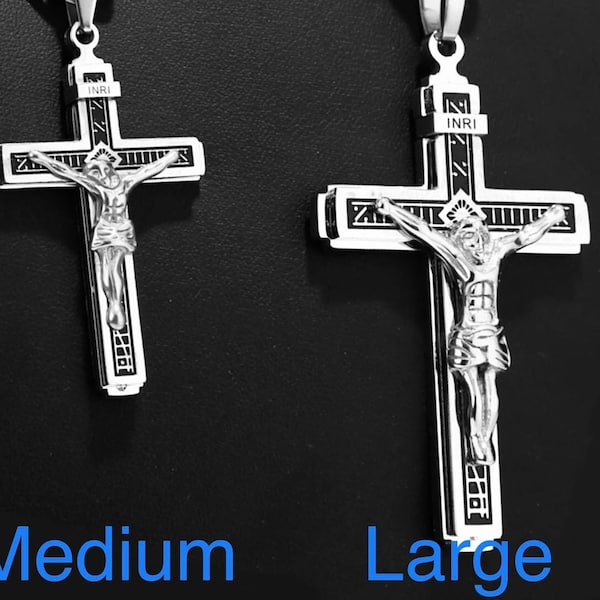 Large Gothic Crucifix Cross Necklace for Men All Silver Heavy Stainless Steel Waterproof Thick Curb Chain Jewelry Jewellery INRI Jesus