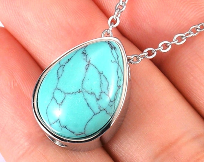 Turquoise Teardrop Memorial Urn Cross Silver Necklace Pet Cremation Waterproof Stainless Steel Urn for Ashes Remains Men Woman Jewellery