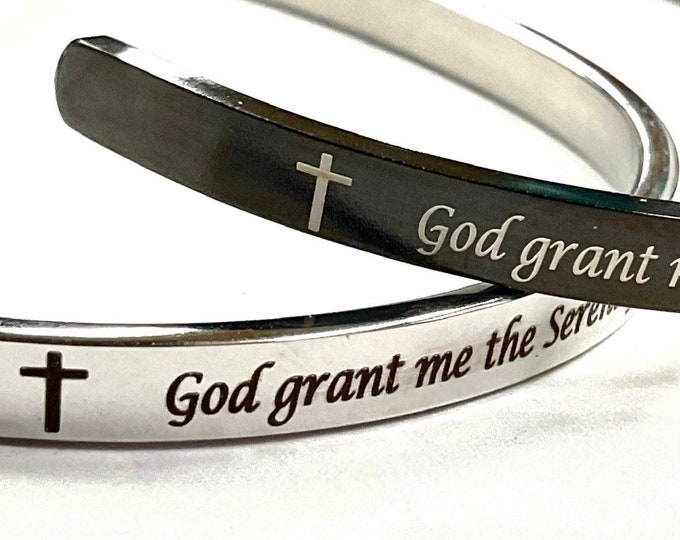 Thin Black and Silver Serenity Prayer Cuff Bracelet All Stainless Steel Bangle Engraved Cuff