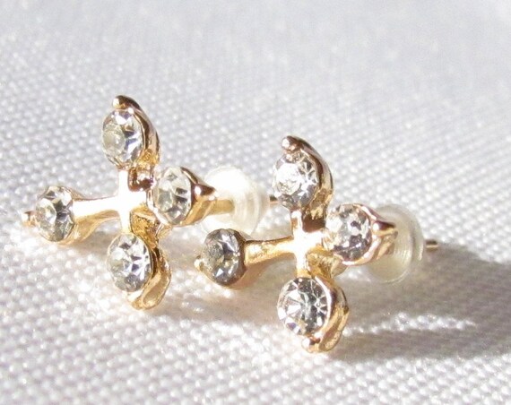 Gold 4 Rhinestone Cross Earrings Dainty Design Over the top elegant jewelry for Weddings Bridesmaids Gifts jewellery for young girls