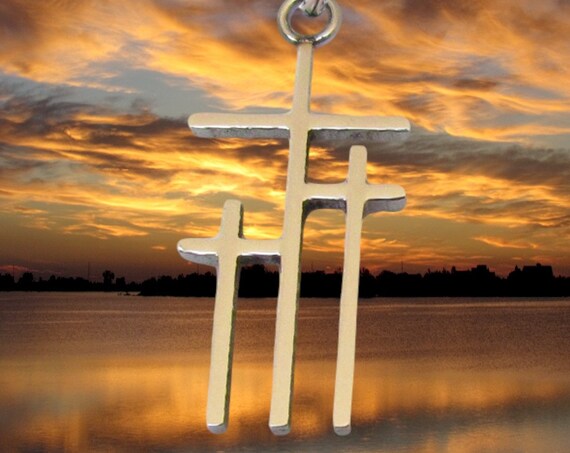 Petite Calvary 3 Triple Three Cross Necklace Pendant Earrings Silver Gold Womans Girls Christian Jewelry Three Crosses on Calvary
