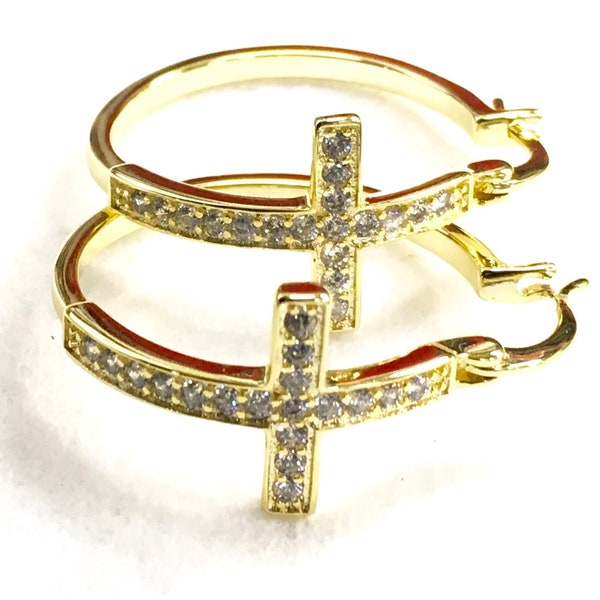 Large Silver or Gold Cross Hoop Earrings Cuff Round Cross Earrings Rhinestone Medium Modern CZ  Fashion for Women Girls Cross Jesus Jewelry