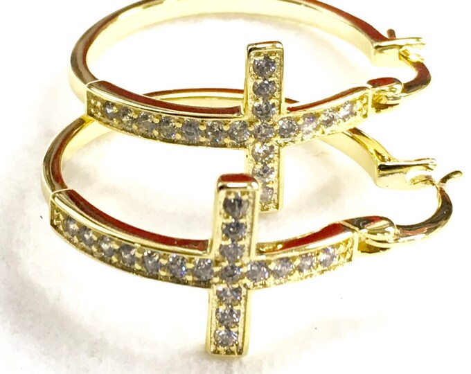 Large Silver or Gold Cross Hoop Earrings Cuff Round Cross Earrings Rhinestone Medium Modern CZ  Fashion for Women Girls Cross Jesus Jewelry