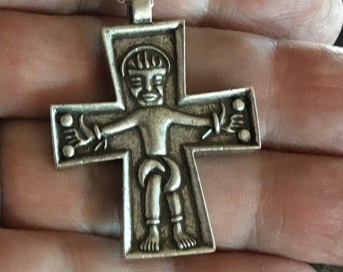 Ancient Viking Crucifix Crafted Pendant Cross Necklace Silver Novgorod Russian Jesus