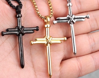 Classic Mens Nail Necklace Black Steel Nail Cross Pendant Waterproof Chain Choker Anime Prayer Chain Pendant Boys Crucifix Jewelry