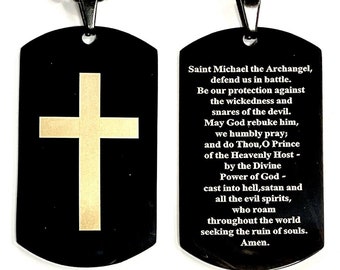 All Black Full Prayer Saint Michael Cross Dog Tag Necklace Patron Saint Police Officers Soldiers St Medal Medallion Stainless Steel Chain