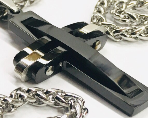 Cross Necklace Heavy Black Prayer Necklace Super Thick with Chain Crazy Design Pendant for Mens Boys Christian Jewelry Jewellery
