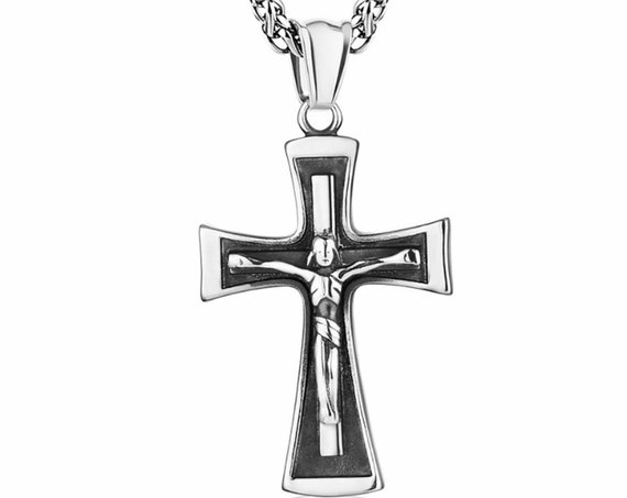 Cross Necklace for Men Crucifix Solid Outline Cast Stainless Steel Silver Black 2 Colors Super Heavy Chain Cross of Jesus Jewelry Jewellery