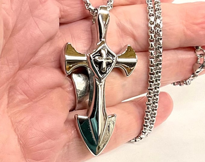 Massive Knights Templar Crucifix and Cross Necklace Silver Waterproof Stainless Steel Chain Thick Jewelry Boys Jewellery Cross of Jesus