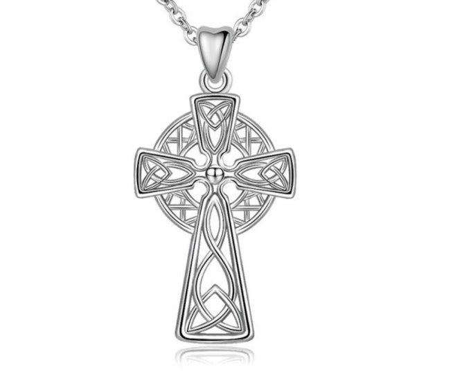 Irish Celtic Solid Sterling Silver Cross Necklace Intricate S925 Pendant for Women Cast Jewelry link Chain Jewellery for Girls