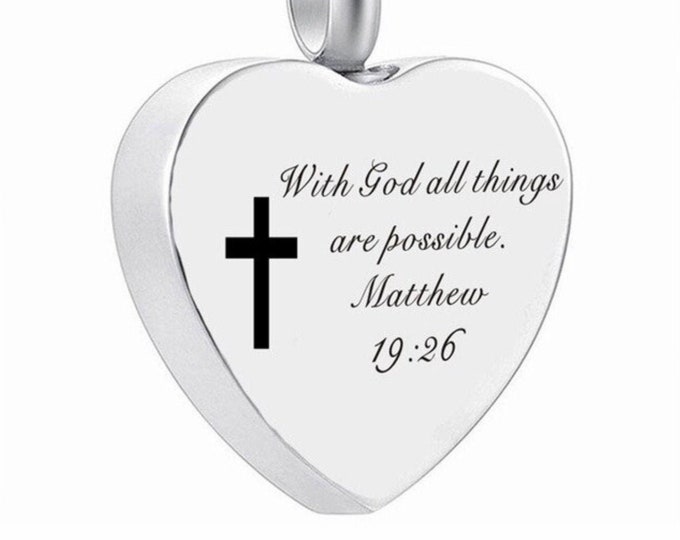 Heart Shaped URN Necklace Matthew 19:26 Memorial Pet Ash Cremation With God All Things Possible Waterproof Stainless Steel Remains Funeral