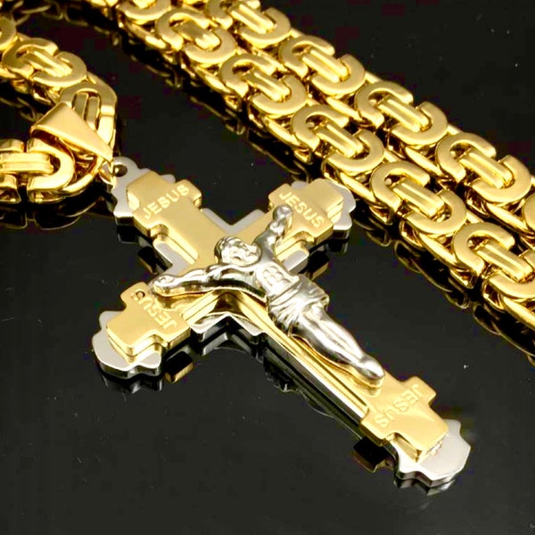 Grand Crucifix élégant Croix Heavy Mens Collier Byzantin Étanche Argent Or Noir Crucifix Orthodoxe Acier Inoxydable hip hop Christ