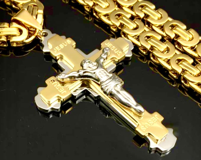 Large Stylish Crucifix Cross Heavy Mens Byzantine Necklace Waterproof Silver Gold Black Orthodox Crucifix Stainless Steel hip hop Christ