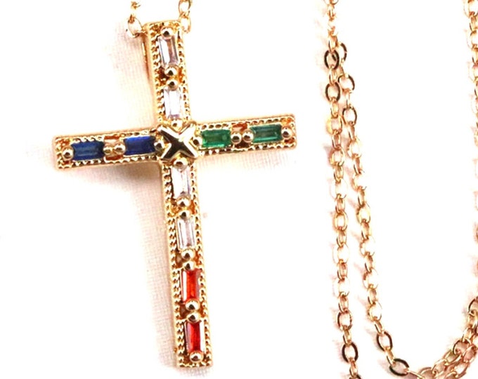 Gold Multi Color CZ Cross Necklace Weddings Bridesmaid Pendant Rainbow Crosses for Women Girls jewellery jewelry