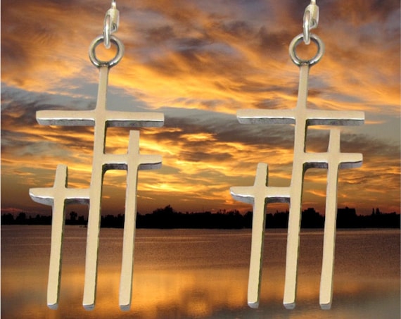 Petite Calvary 3 Three Triple Cross Small Earrings Silver Gold Womans Girls Drop Dangle Christian Jewelry Three Crosses on Calvary