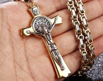 Large Crucifix Saint Benedict Medal Cross Catholic Orthodox Byzantine Chain Necklace Men Gold Stainless Steel Waterproof Religiou San Benito