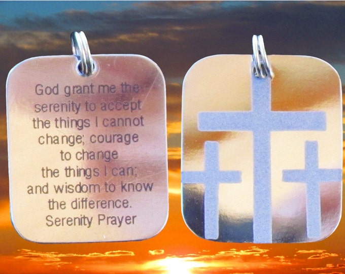 Silver Serenity Prayer Necklace Handmade 3 Crosses Calvary Triple Cross Pendant for Mens Boys Waterproof Jewelry Dog Tag