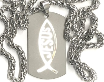 Etched Jesus Fish Necklace Dog Tag Waterproof Pendant Men Woman Chain Jesus Christian Jewelry jewellery