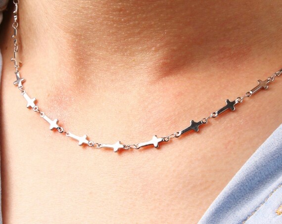 Silver Tiny Cross Necklace and Earrings Cross Chain Small Stainless Steel Crosses Womens Girls Christian Jewlery Jewellery