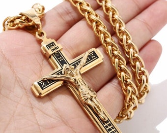 Large Gothic Cross Crucifix Necklace Orthodox Men Gold Black Waterproof Jewelry Heavy Stainless Steel Huge hip hop Chain Jewelry Catholic