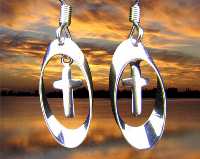 Tiny Silver Cross Earrings Hoop Small Drop Dangle Womans Girls Christian Jewelry Jewellery