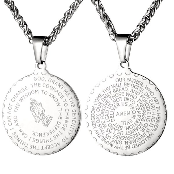 Spiral Serenity Prayer Necklace Round Our Father Medal Lord’s Prayer Serene Bible Verse Prayer Hands Jerusalem Stainless 12 step AA