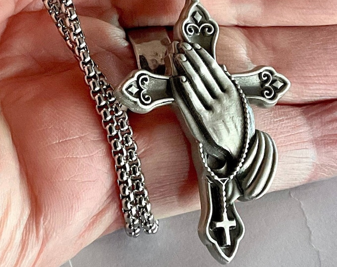 Gorgeous Full Size All Tin Praying Hands Cross Necklace Rosary Gothic Crucifix Jewelry Men Women Catholic Crucifix Christ Orthodox Jesus