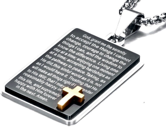 Heavy Black Silver Serenity Prayer Necklace Dog Tag Inset Gold Cross with Chain Full Prayer Design Pendant for Mens Boys Christian Jewelry