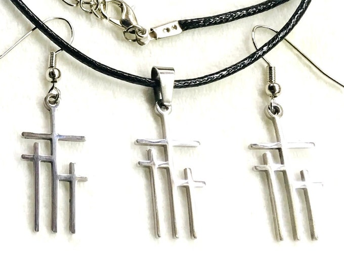 Petite 3 Crosses of Calvary Necklace and Earrings Silver Gold Triple Cross Pendant for Women Girls Christian Jewelry Cross of Jesus