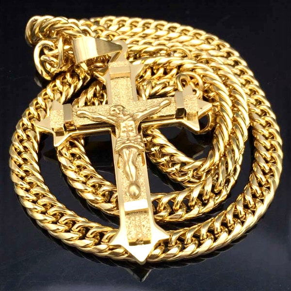 Massive goldene Kruzifix-Halskette mit orthodoxem Kreuz, wasserfest für Männer, schwerer katholischer Edelstahl-Panzerkette, Schmuck für Jungen, Hip-Hop-Jesus